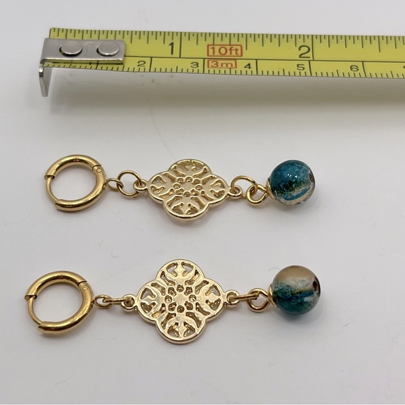 Gold Dark Blue Bead Dangle Earrings - Picture 2 of 2